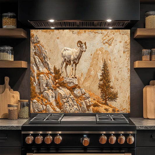 Mountain Pride – Tempered Glass Backsplash for Kitchen | Wild Ram on Rocky Cliff Backsplash