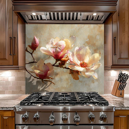 Golden Magnolia – Tempered Glass Backsplash for Kitchen – Vintage Floral Splashback