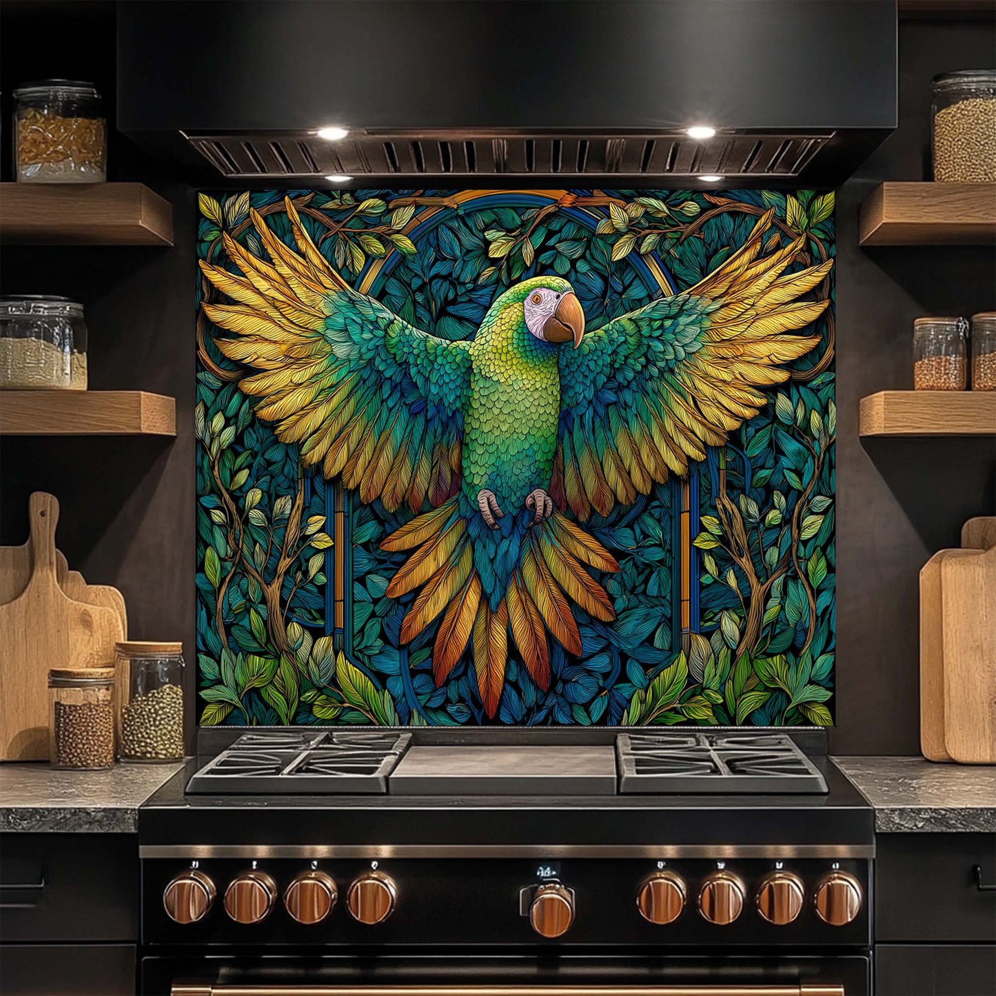 Verdant Flight – Tempered Glass Backsplash for Kitchen Stove | Parrot Mosaic Backsplash