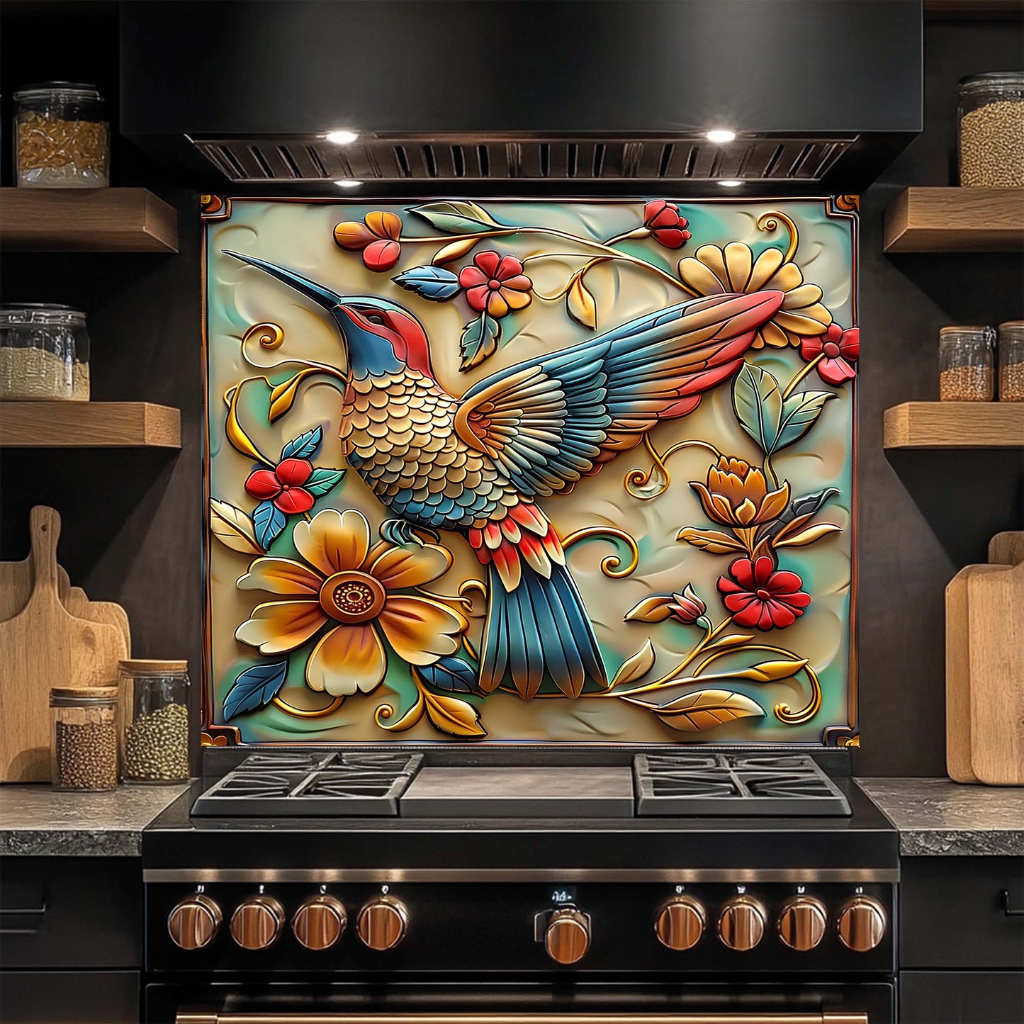 Birdsong Bloom Tempered Glass Backsplash – Colorful Floral & Bird Kitchen Backsplash