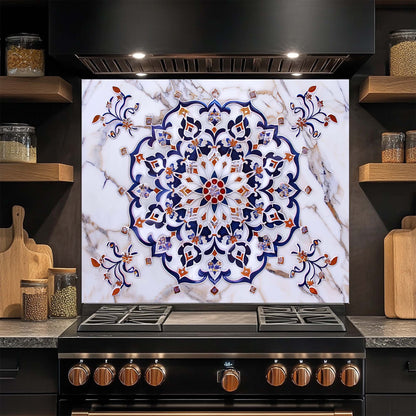 Imperial Mosaic – Tempered Glass Backsplash for Kitchen – Blue & Gold Mandala Splashback