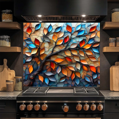 Glassleaf Harmony – Tempered Glass Backsplash for Kitchen Stove | Colorful Branch Backsplash