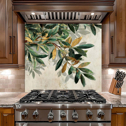 Golden Olive – Tempered Glass Backsplash for Kitchen – Botanical Kitchen Splashback
