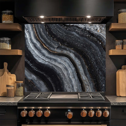 Obsidian Veins – Tempered Glass Backsplash for Kitchen | Luxe Monochrome Backsplash