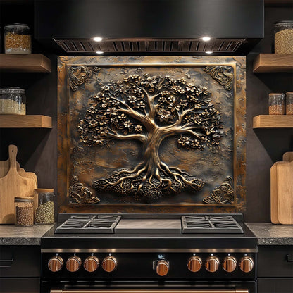 Floral Roots – Tempered Glass Backsplash for Kitchen Stove | Copper Look Tree of Life Backsplash