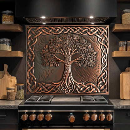 Custom Kitchen Backsplash – Copper Knot Look Tempered Glass Stove Backsplash