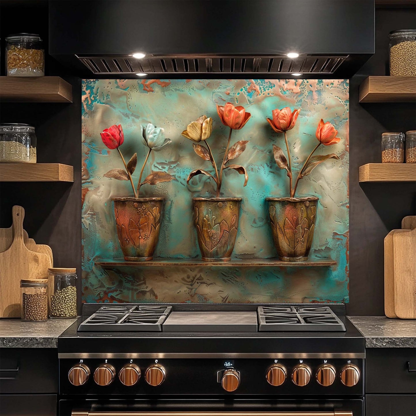 Tulip Pots – Tempered Glass Backsplash for Kitchen Stove | Copper Look Floral Backsplash