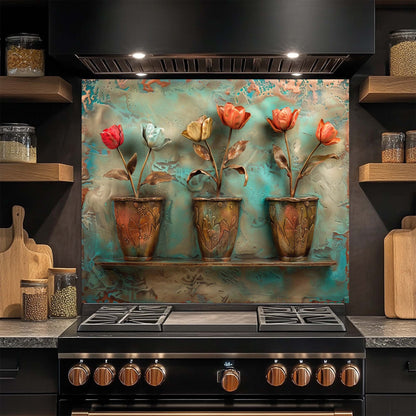 Tulip Pots – Tempered Glass Backsplash for Kitchen Stove | Copper Look Floral Backsplash