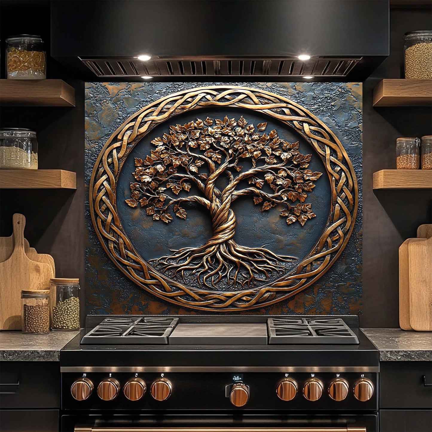 Rooted Soul – Tempered Glass Backsplash for Stove | Tree of Life Copper Look Backsplash