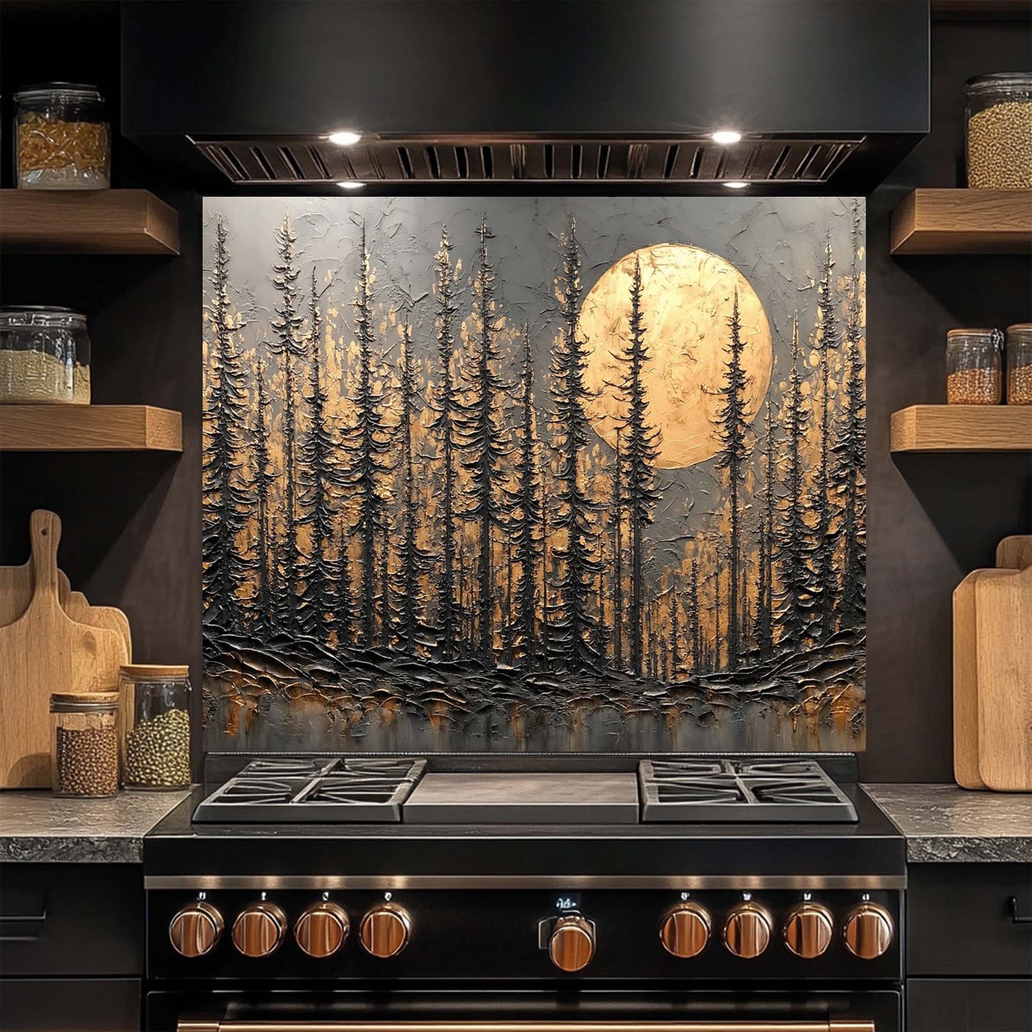 Golden Moonrise – Tempered Glass Backsplash for Stove | Dark Forest Silhouette Backsplash