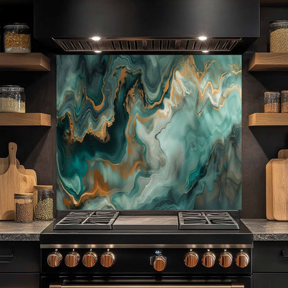 Glass Kitchen Backsplash – Emerald Marble Gold Fluid Art Panel