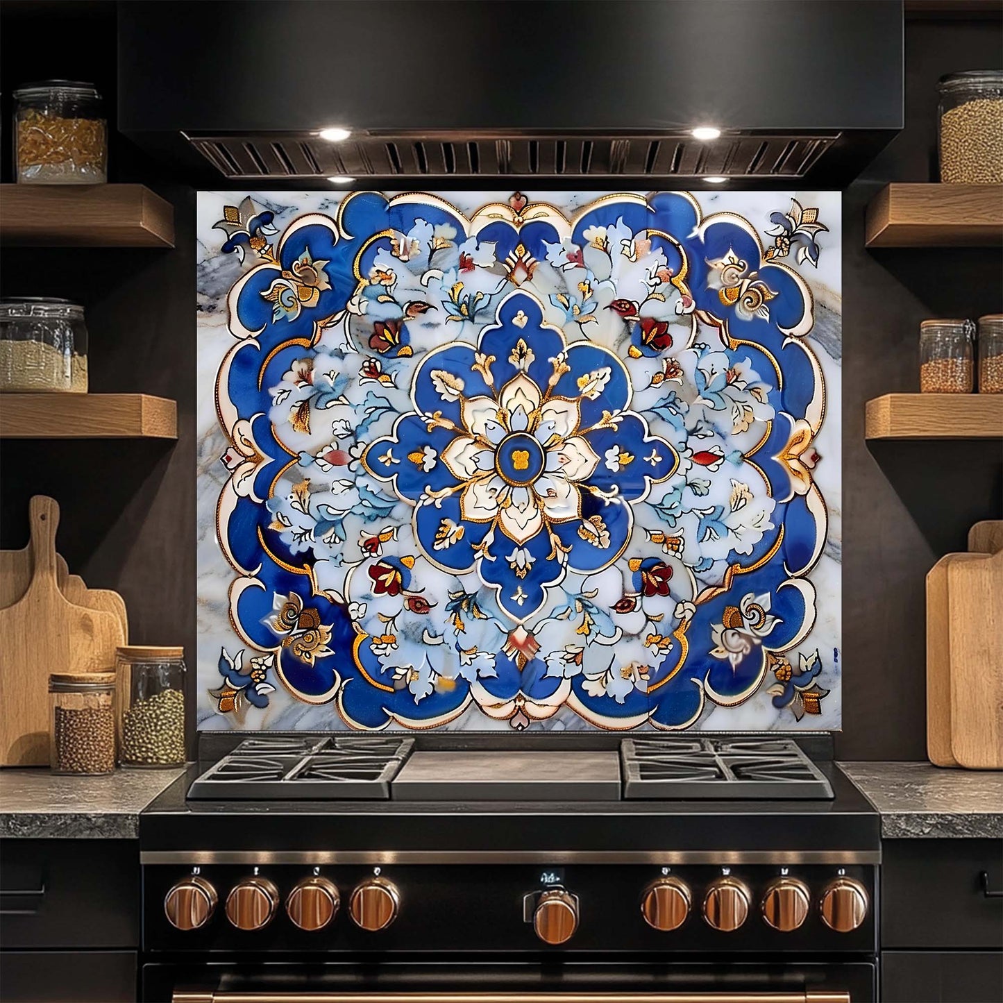 Royal Blue Mandala – Tempered Glass Backsplash for Kitchen – Floral Tile Splashback