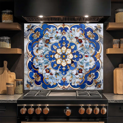 Royal Blue Mandala – Tempered Glass Backsplash for Kitchen – Floral Tile Splashback