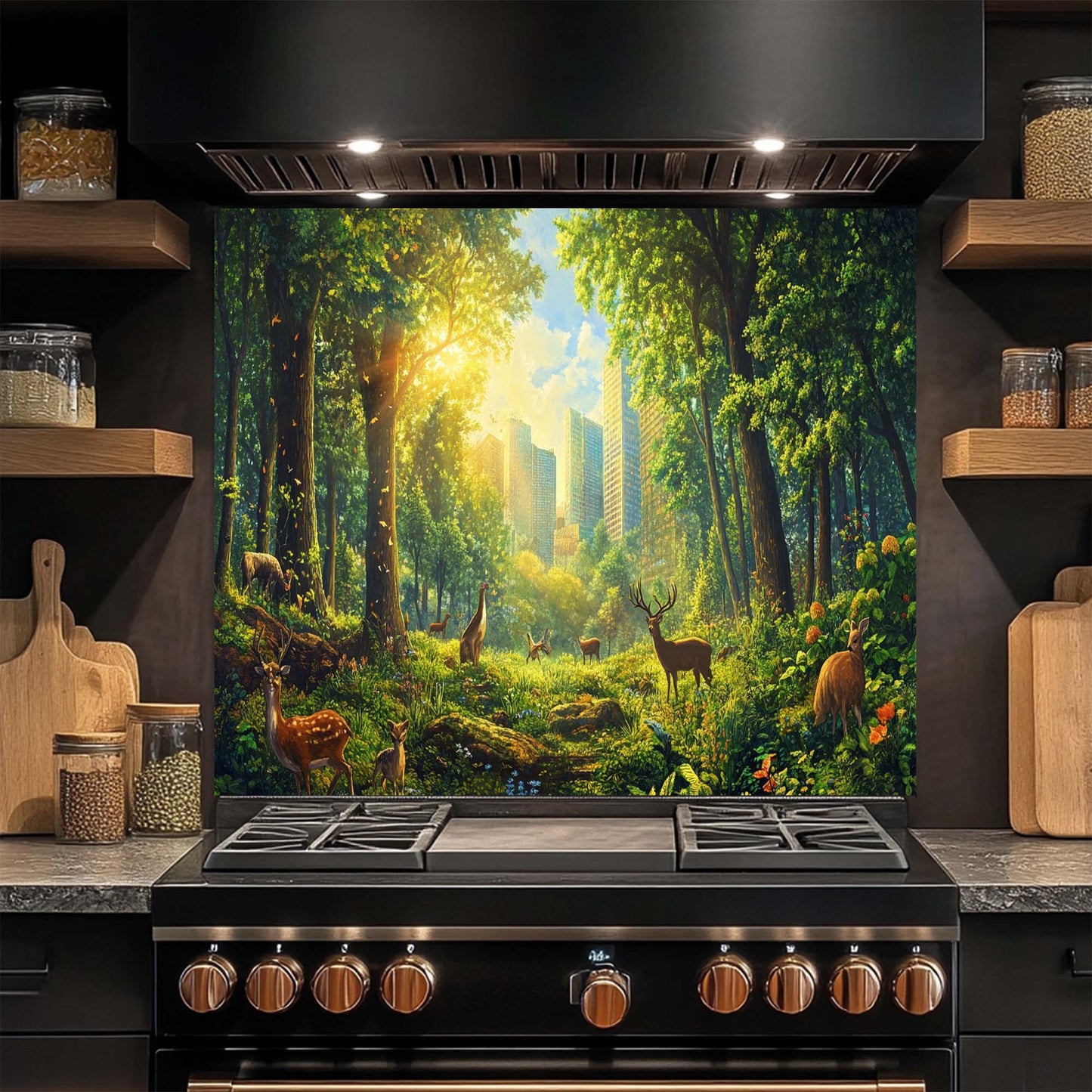 Urban Eden – Tempered Glass Backsplash for Kitchen | Nature & Urban Contrast Backsplash
