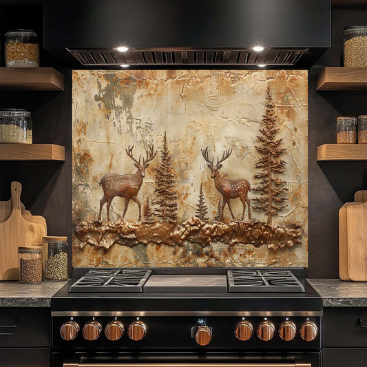 Twin Stags – Tempered Glass Backsplash for Kitchen | Copper Deer and Forest Scene Backsplash