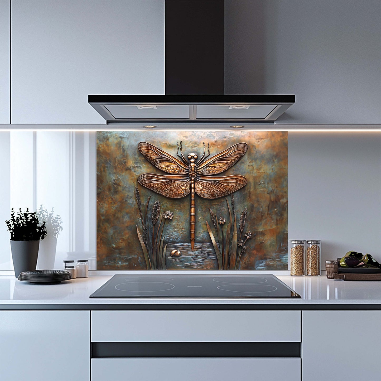 Copper Look Dragonfly Tempered Glass Backsplash – Metallic Finish Kitchen Backsplash