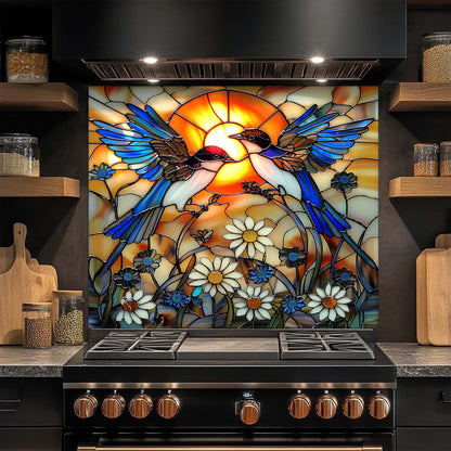Sunset Song – Tempered Glass Backsplash for Kitchen Stove | Stained Glass Birds Backsplash