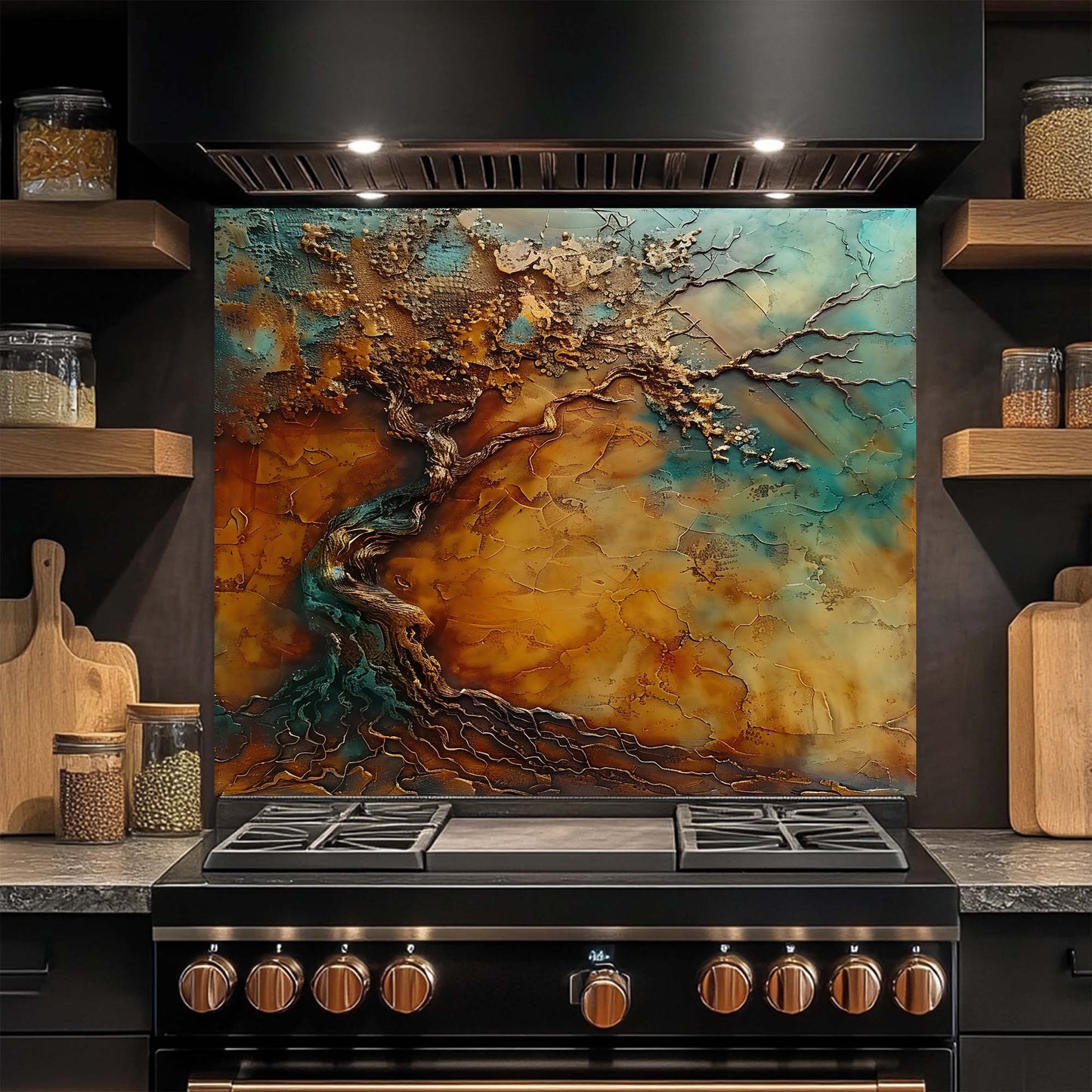 Bronze Spirit – Tempered Glass Backsplash for Kitchen Stove | Tree of Life Backsplash