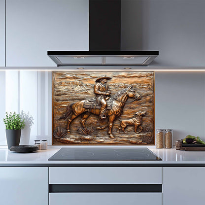 Copper Look Cowboy Tempered Glass Backsplash – Western Kitchen Backsplash for Stove