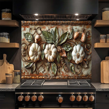 Tuscan Garlic Garden Tempered Glass Backsplash for Kitchen | Garlic & Leaf Backsplash