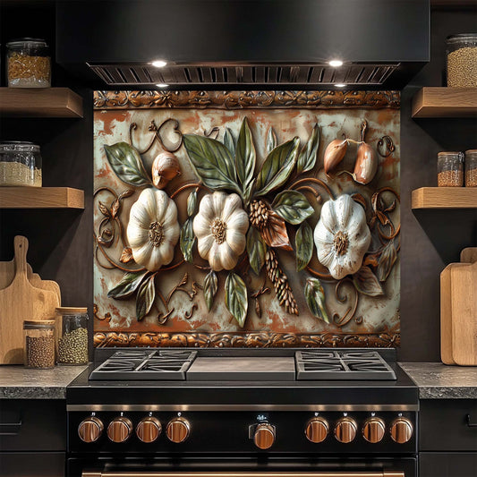 Tuscan Garlic Garden Tempered Glass Backsplash for Kitchen | Garlic & Leaf Backsplash
