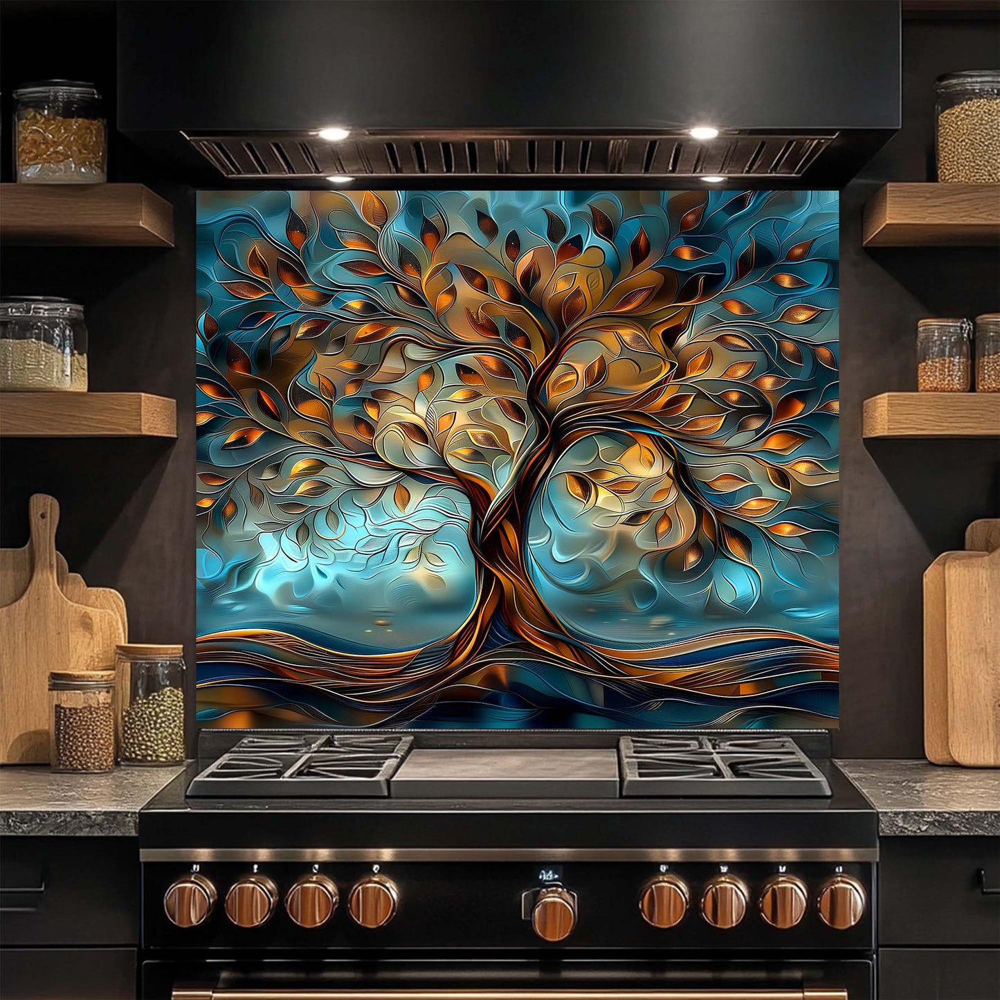 Copper Roots – Tempered Glass Backsplash for Kitchen Stove | Tree of Life Backsplash