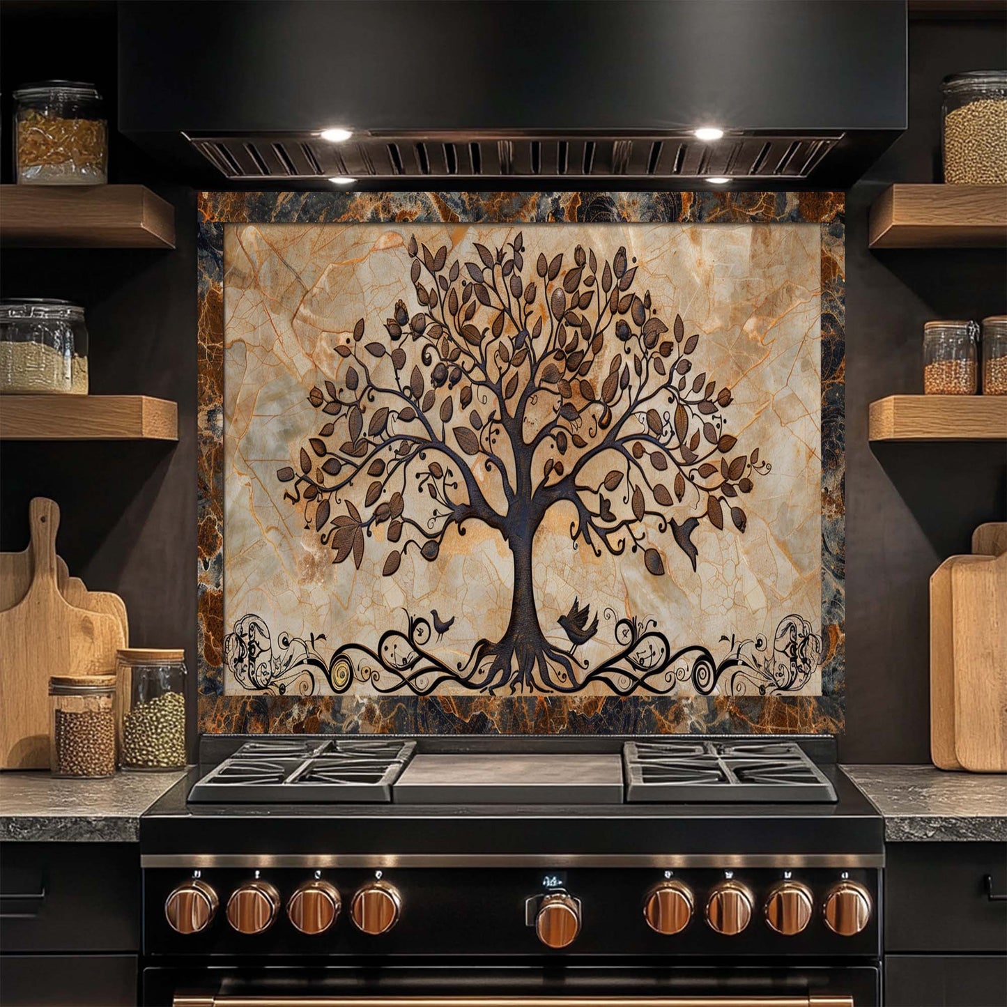 Rooted Melody – Tempered Glass Backsplash for Kitchen | Tree of Life with Birds Backsplash