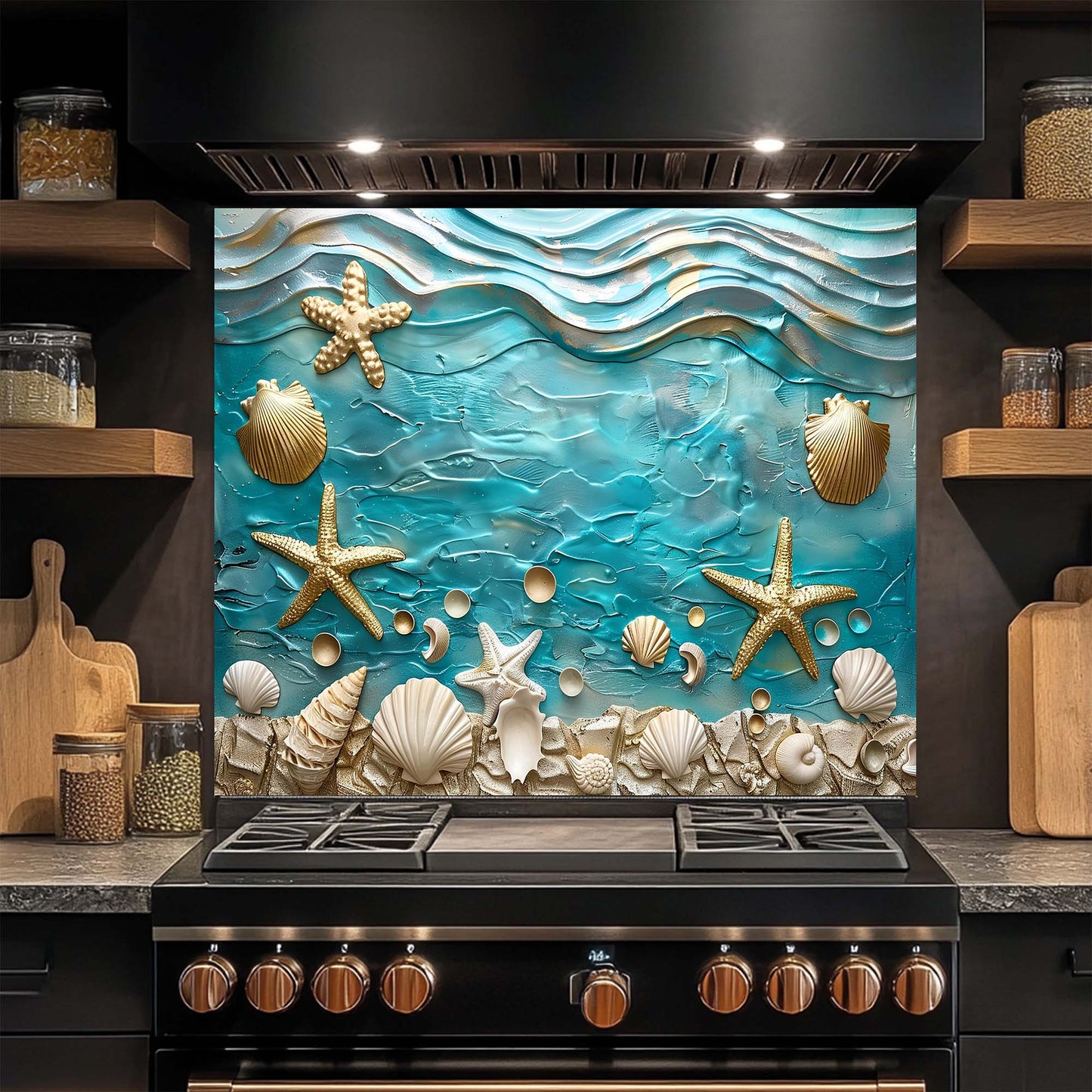 Ocean Breeze – Tempered Glass Backsplash for Kitchen – Coastal Seashell Splashback