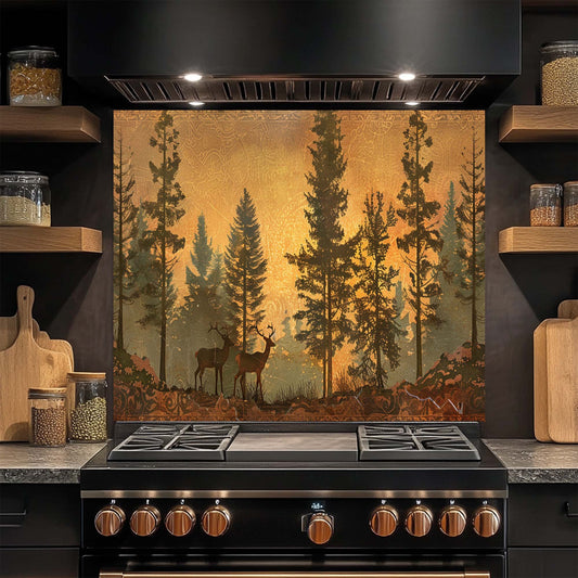 Golden Stags – Tempered Glass Backsplash for Kitchen | Deer in Pine Forest Backsplash