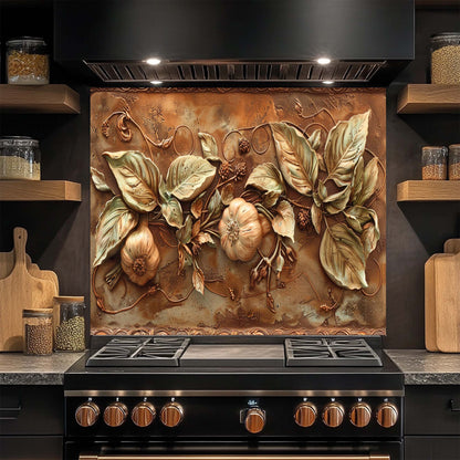 Golden Harvest Relief Tempered Glass Backsplash for Kitchen | Tuscan Garlic Backsplash