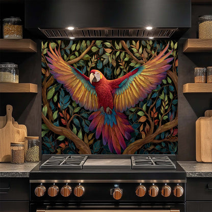 Crimson Wings – Tempered Glass Backsplash for Kitchen Stove | Parrot Jungle Backsplash
