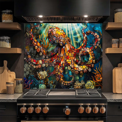 Octopus Odyssey – Tempered Glass Backsplash for Kitchen – Stained Glass Look Splashback