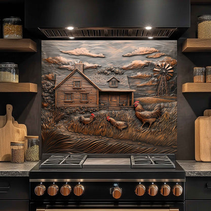 Copper Look Tempered Glass Backsplash for Kitchen | Rustic Cabin, Rooster & Windmill Design