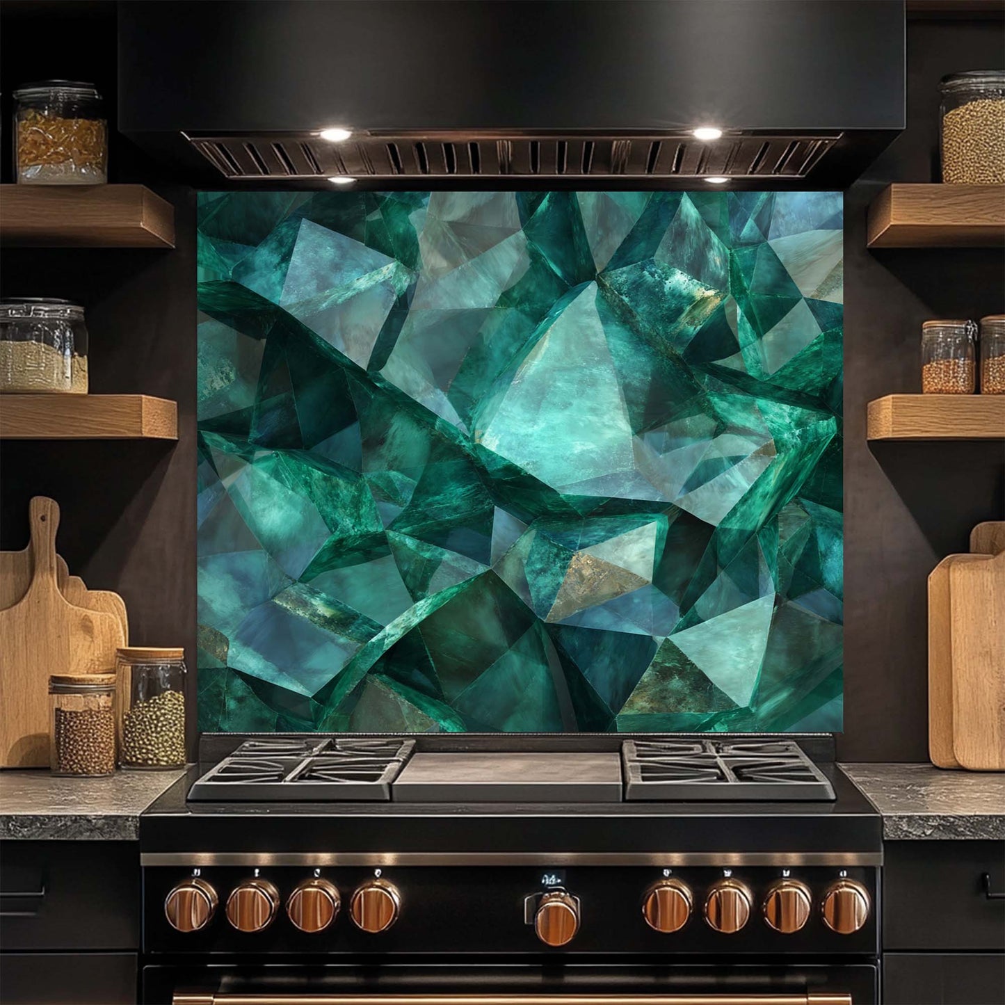 Emerald Shards – Tempered Glass Backsplash for Kitchen | Luxury Gem-Inspired Backsplash