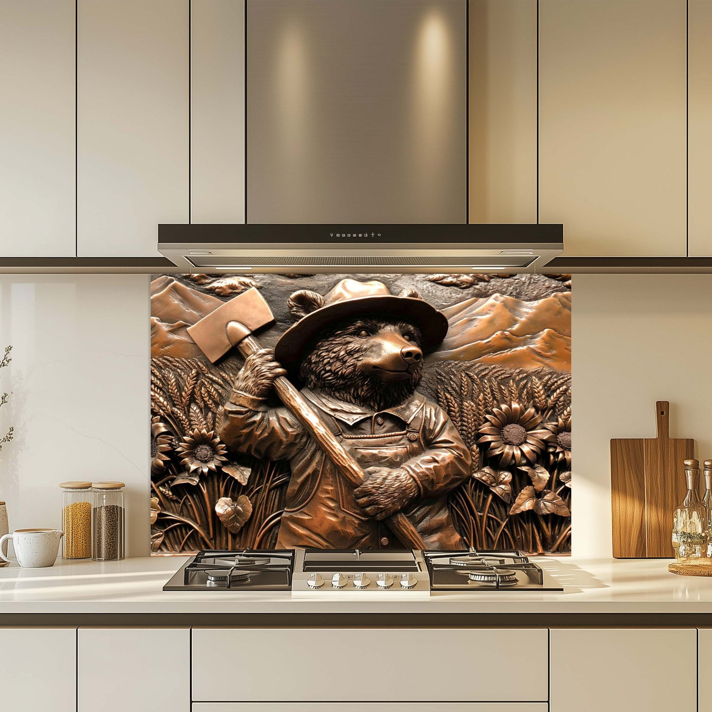 Farmer Bear Tempered Glass Backsplash – Copper Look Backsplash for Rustic Kitchen