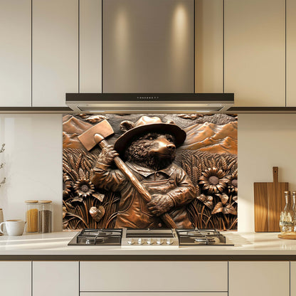 Farmer Bear Tempered Glass Backsplash – Copper Look Backsplash for Rustic Kitchen