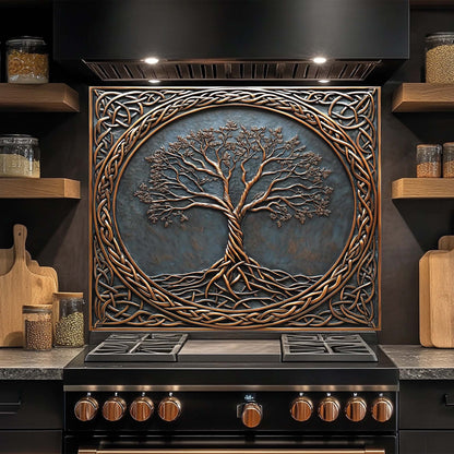Bronze Roots Tempered Glass Backsplash – Tree of Life Copper Look Kitchen Backsplash