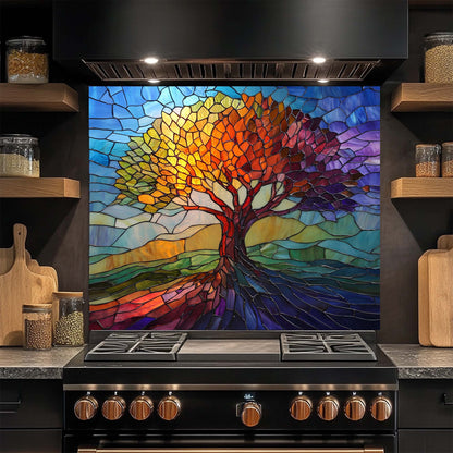Stained Glass Look Tree of Seasons Backsplash – Tempered Glass Backsplash for Kitchen