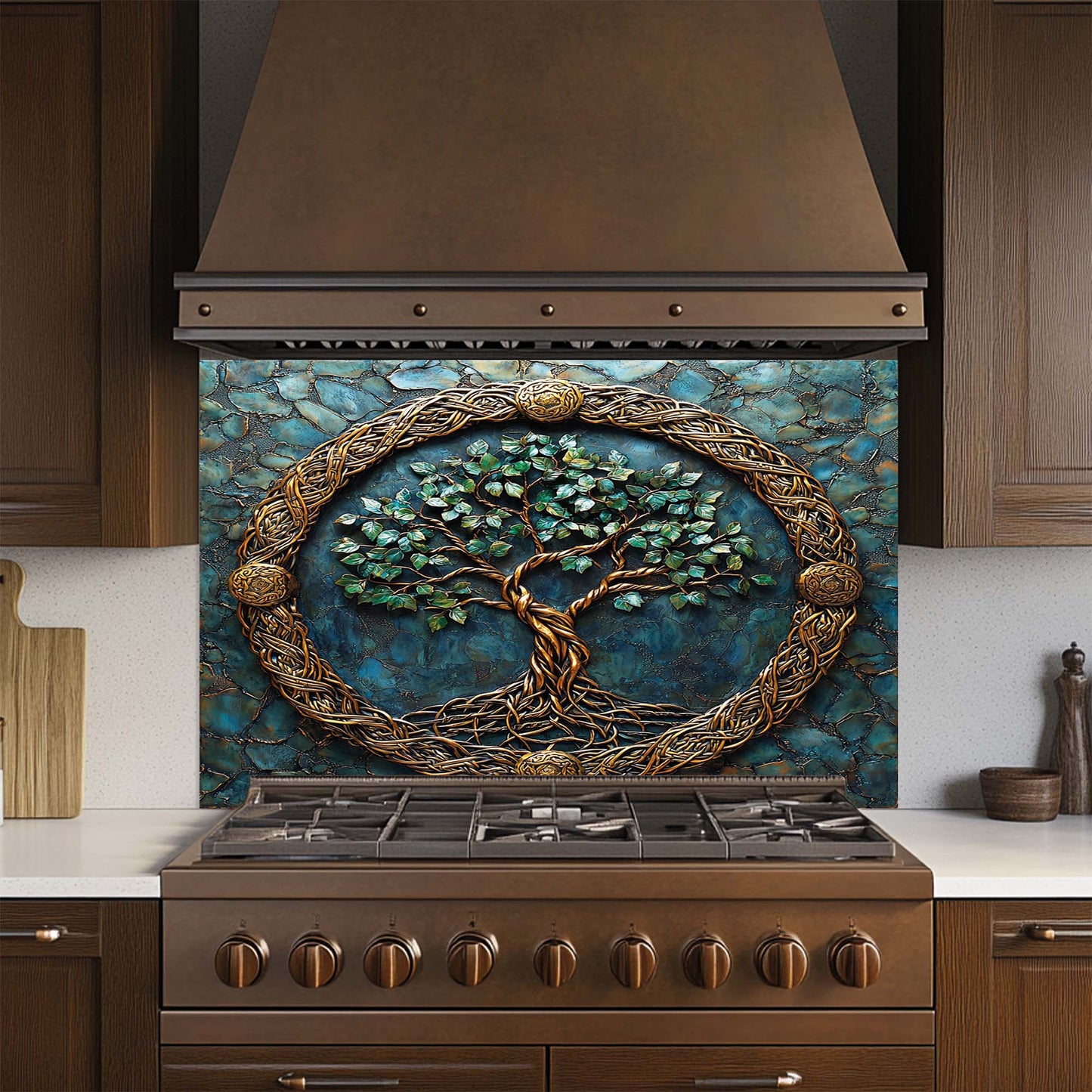 Celtic Embrace – Tempered Glass Backsplash for Kitchen Stove | Copper Look Backsplash