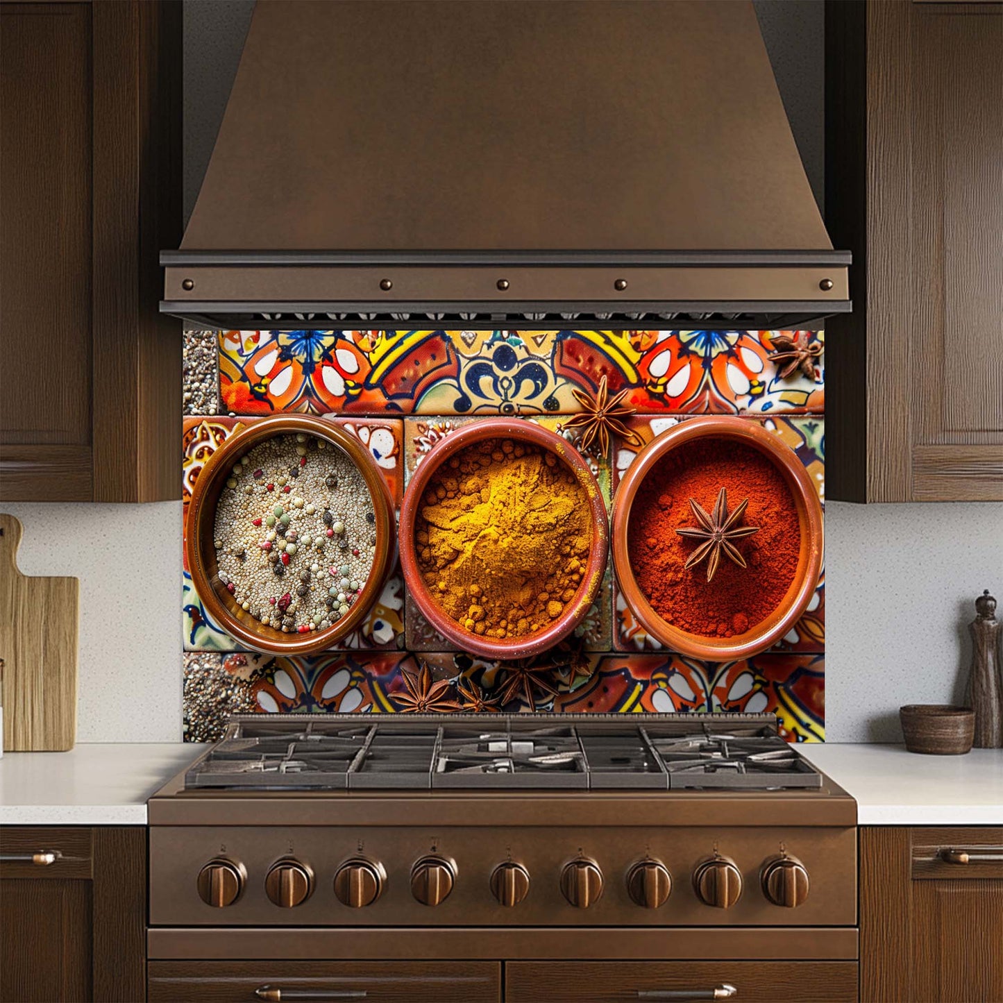 Spice Harmony – Tempered Glass Backsplash for Kitchen | Colorful Spice Bowls Backsplash