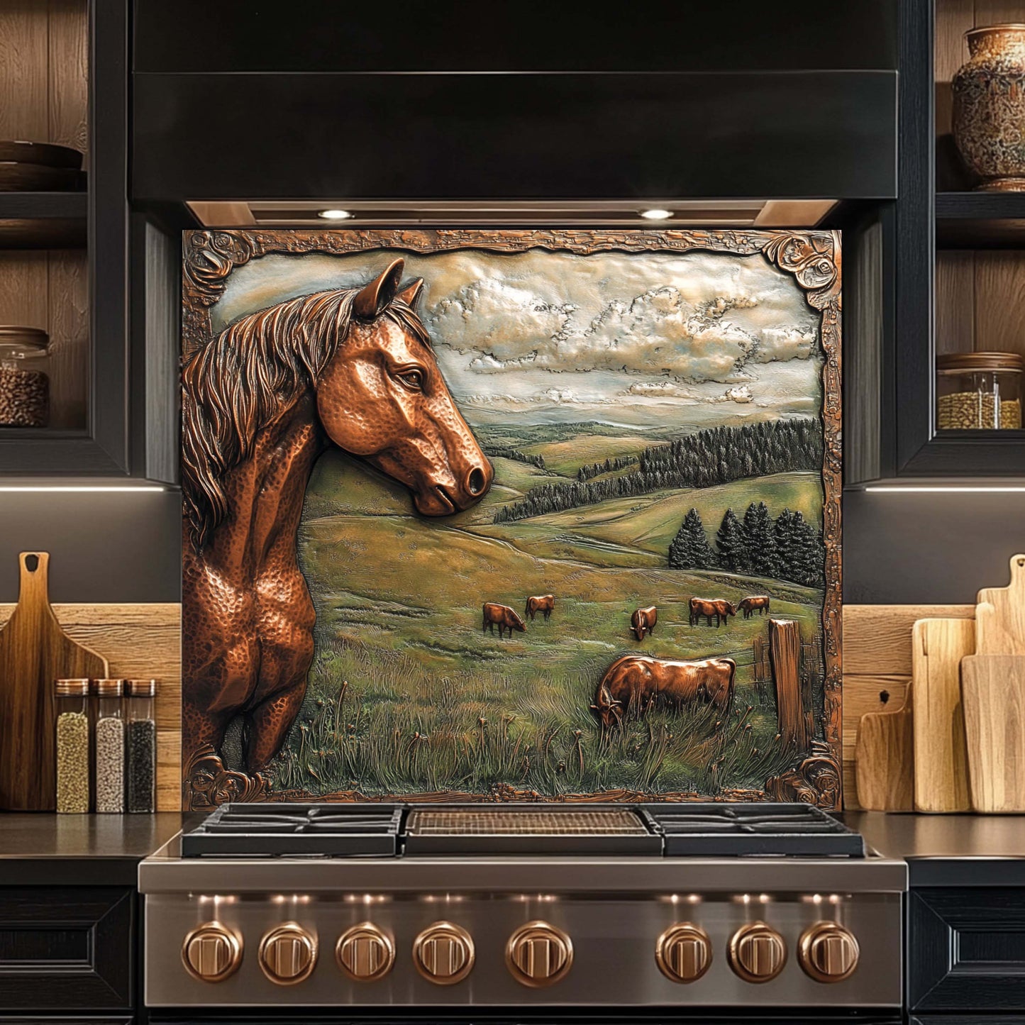 Copper Look Horse Tempered Glass Backsplash – Farmhouse Country Kitchen Backsplash