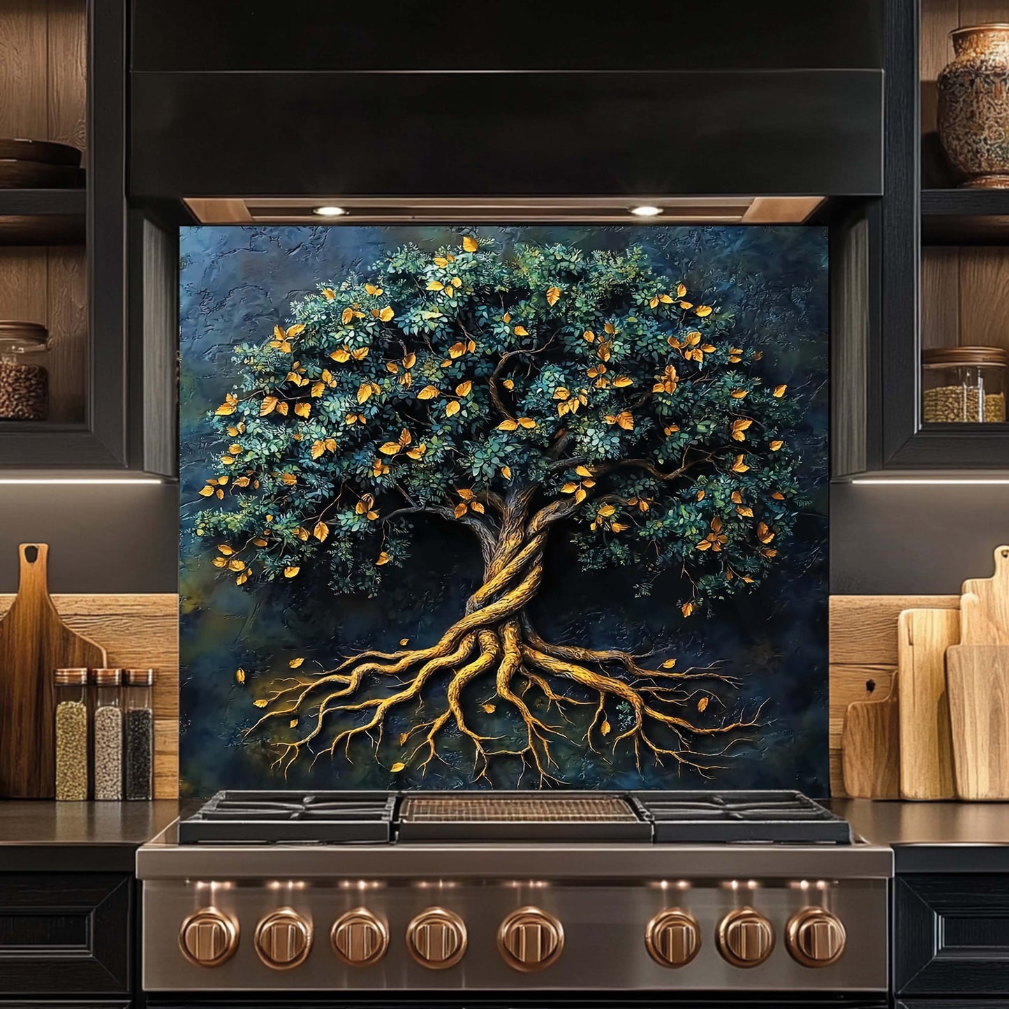 Golden Roots Kitchen Backsplash – Tempered Glass Backsplash for Kitchen Walls