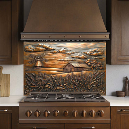 Golden Harvest – Copper Look Tempered Glass Backsplash with Farmhouse Scene