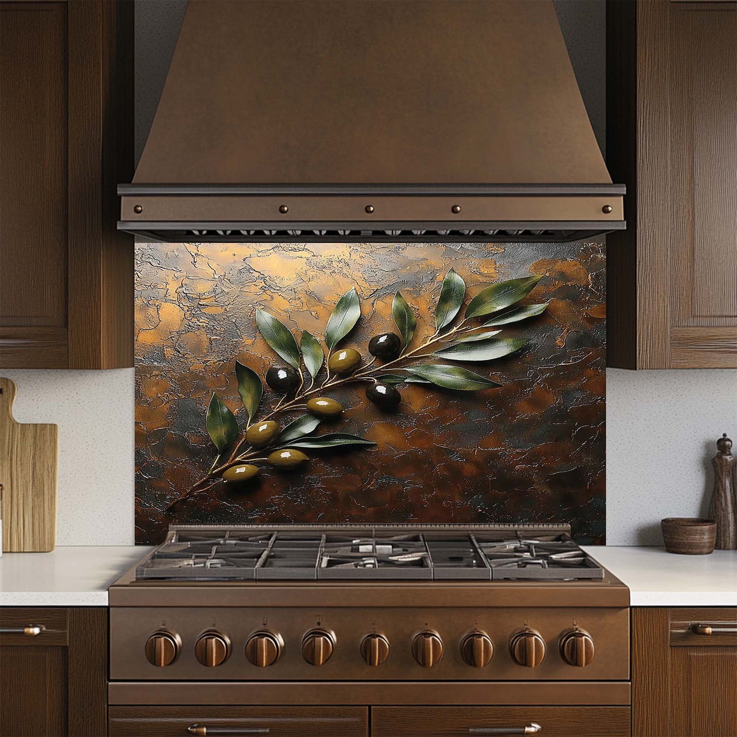 Olive Harmony – Tempered Glass Backsplash for Kitchen Stove | Rustic Olive Branch Backsplash