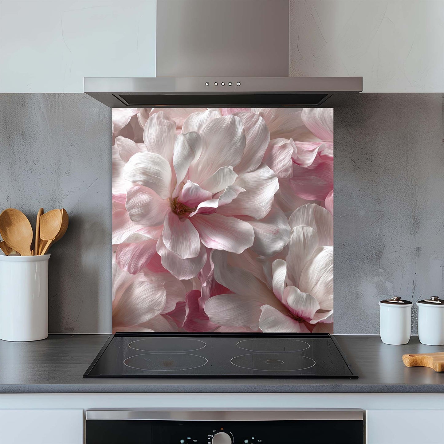 Blush Magnolia – Tempered Glass Backsplash for Kitchen – Pink Floral Kitchen Splashback