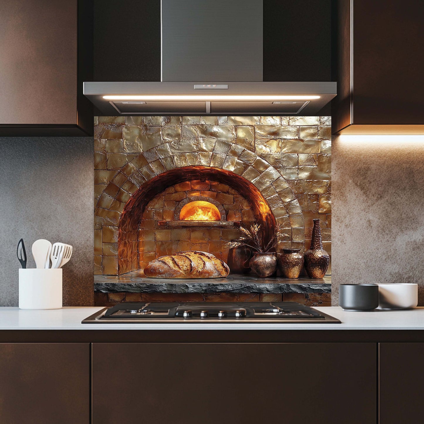 Rustic Brick Oven Kitchen Backsplash – Copper Look Tempered Glass Backsplash