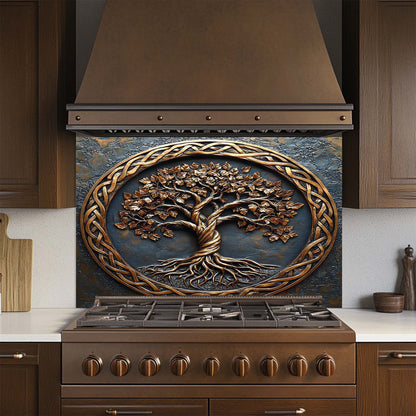 Rooted Soul – Tempered Glass Backsplash for Stove | Tree of Life Copper Look Backsplash