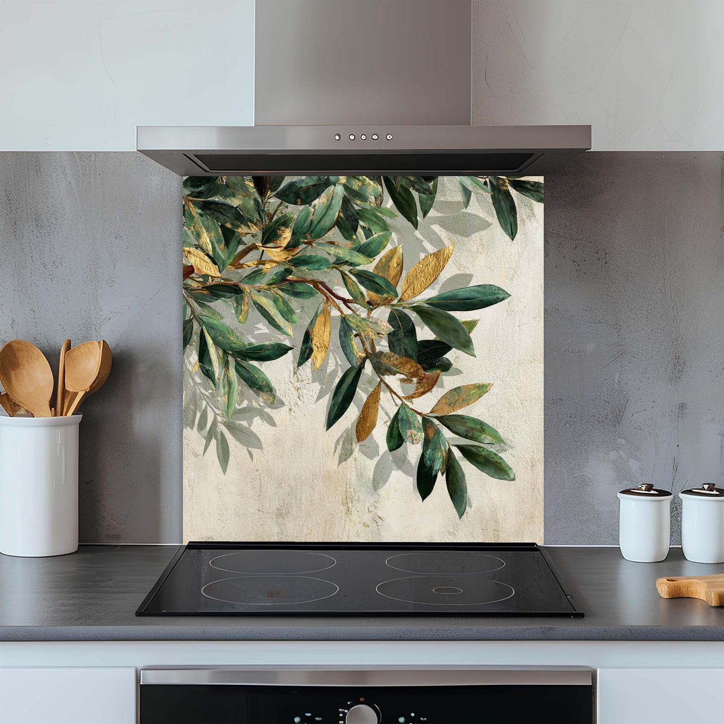 Golden Olive – Tempered Glass Backsplash for Kitchen – Botanical Kitchen Splashback