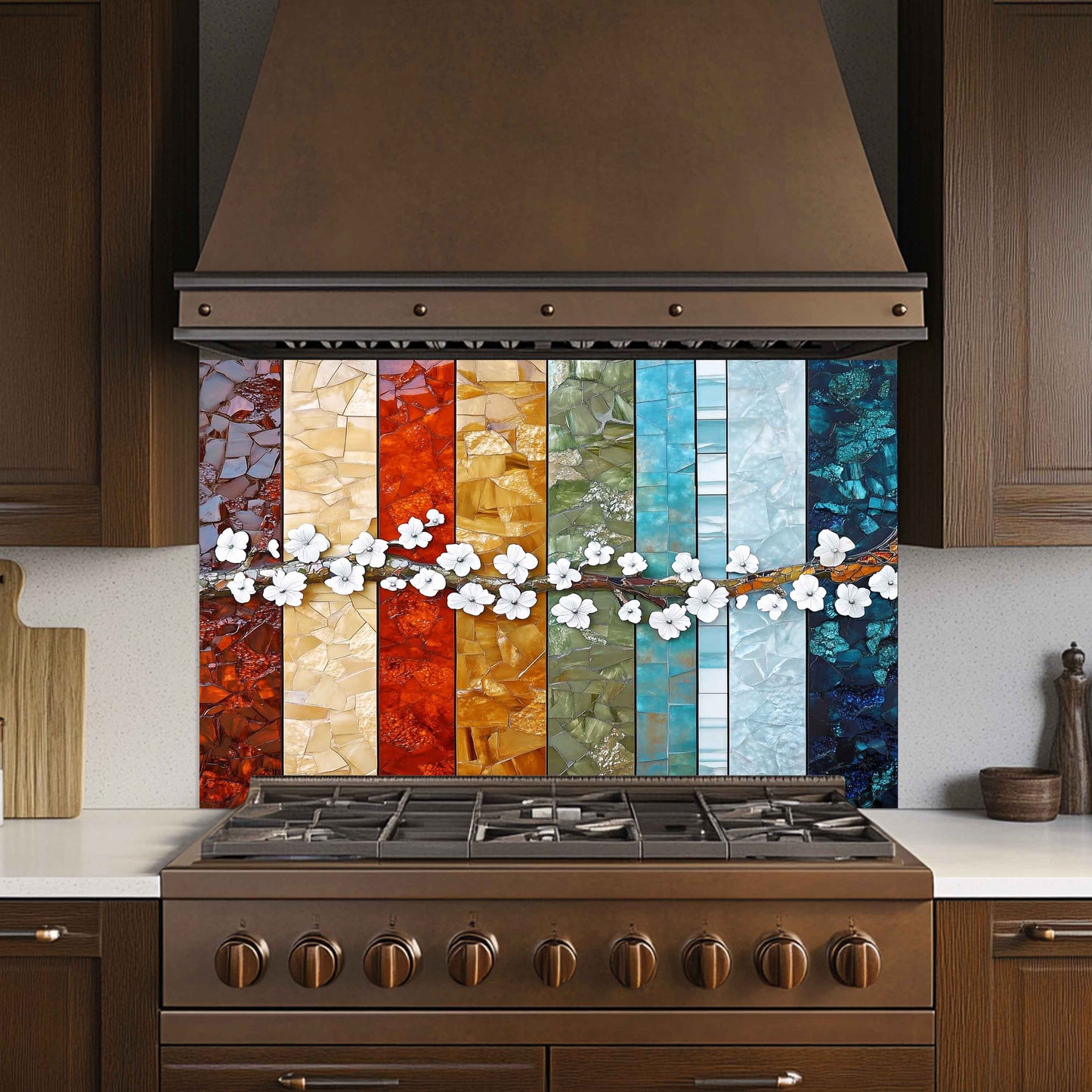 Glass Kitchen Backsplash – Blossom Spectrum Mosaic With Cherry Flower Branch
