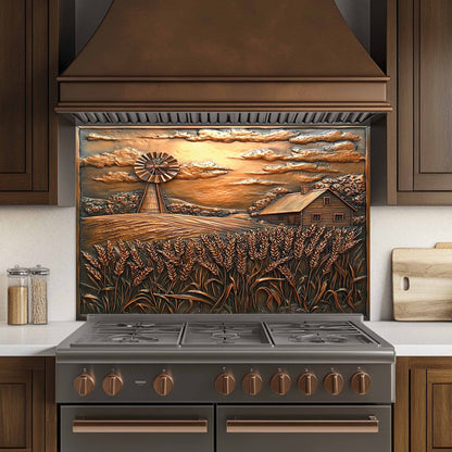 Golden Harvest Tempered Glass Backsplash – Copper Look Farmhouse Scene for Rustic Kitchen Backsplash
